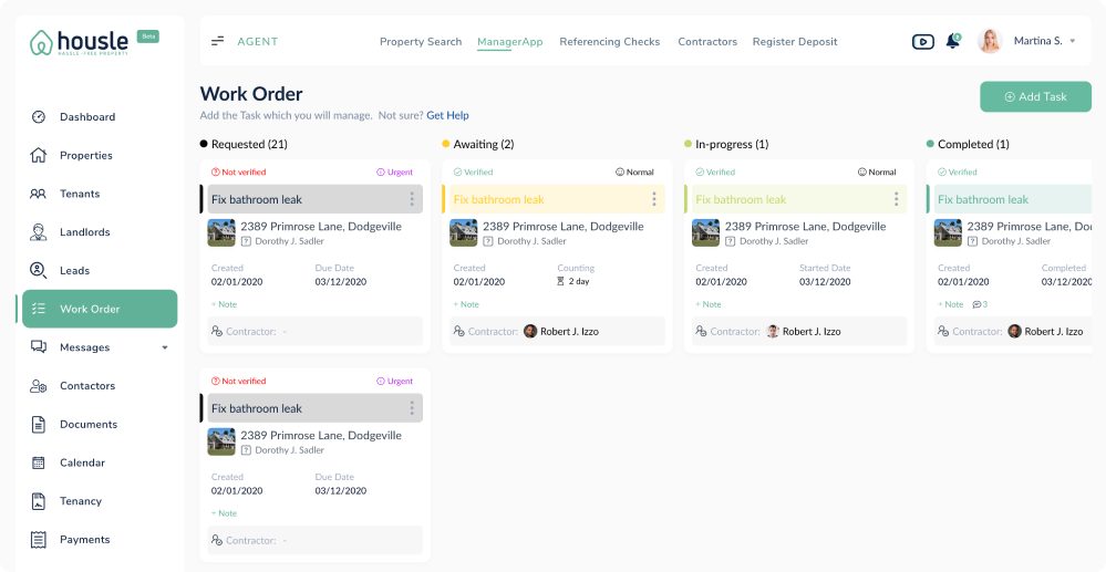Work Order kanban board with Requested, Awaiting, In-progress, and Completed columns, verified badges, and contractor assignment.