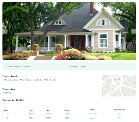 Tenant dashboard: rent due and Pay Now action, property card, documents, tenancy agreement, report issue widget, and calendar.