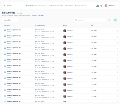 Landlord dashboard showing listed properties, total units, vacancies, last month's income, a revenue chart, and a managed-properties list.