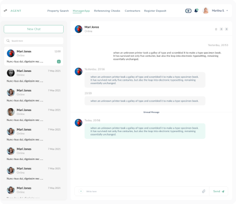 Onboarding and referencing screens: account-type selection (Tenant / Agent / Landlord), a referencing and deposit progress stepper, and landlords and tenants list views.