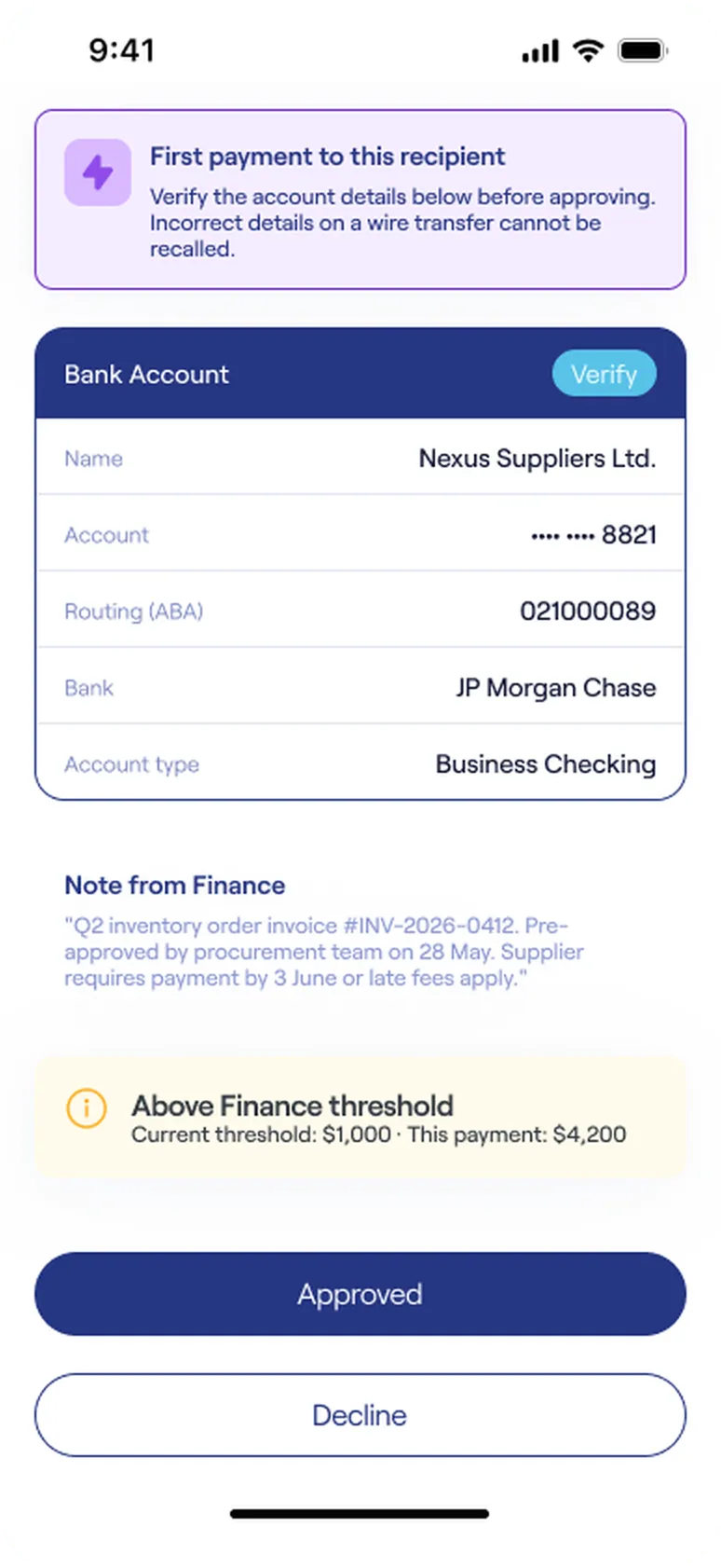 Payment approval screen with first-payment warning and Finance threshold banner