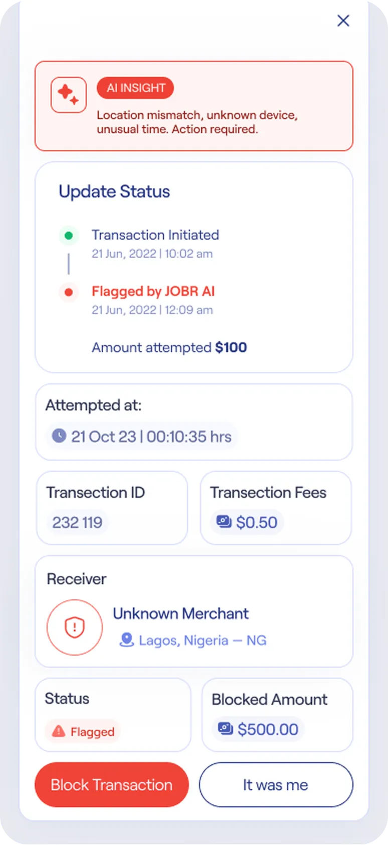 AI-flagged transaction with reasons and two clear actions