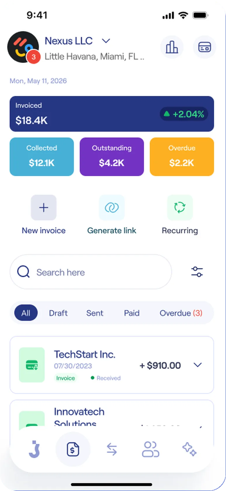 Invoice home with collected, outstanding and overdue totals