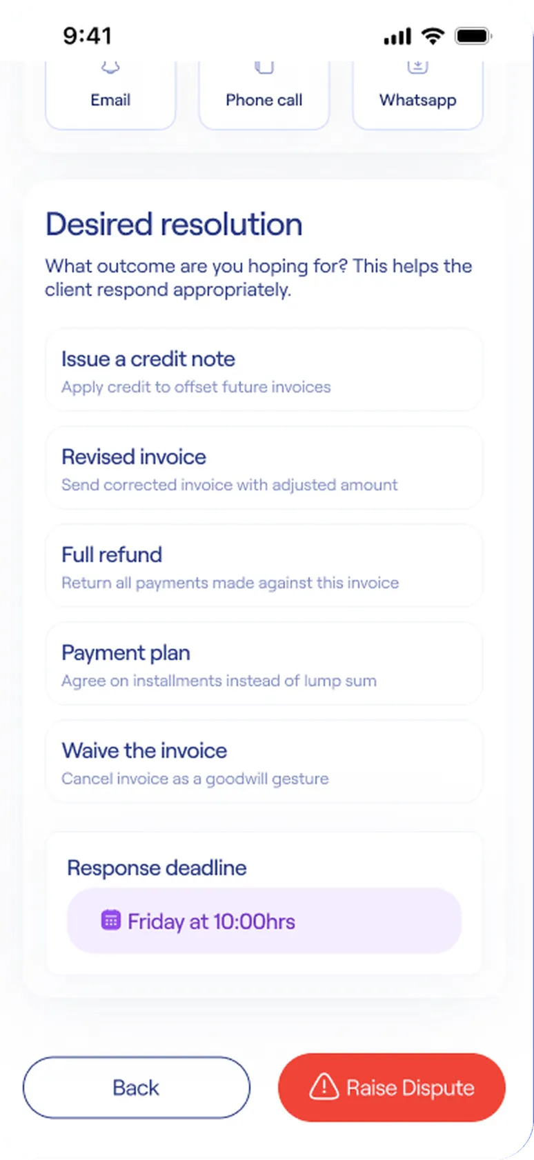 Dispute form with desired resolution and response deadline