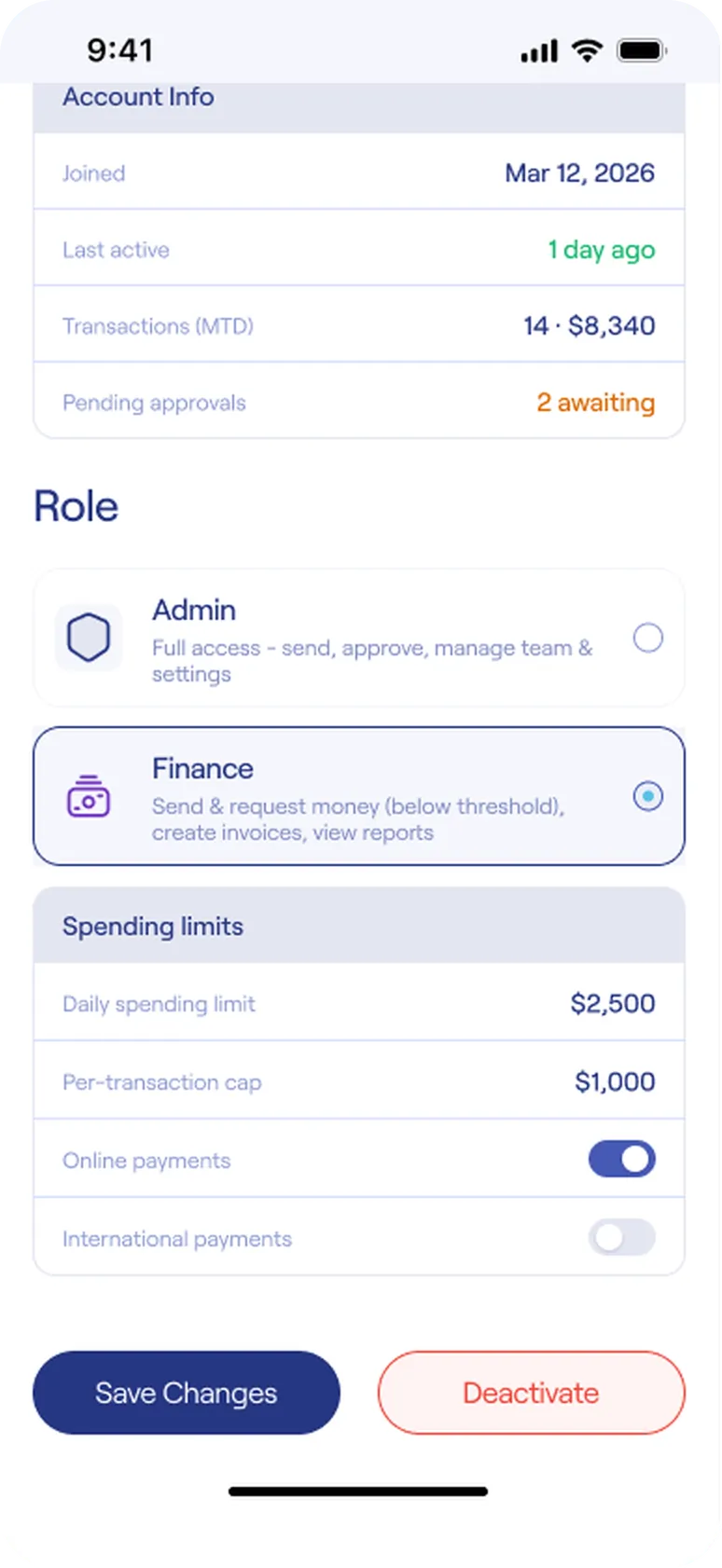 Member profile with spending limits
