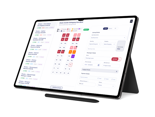 Tiko counter ticketing on a tablet with seat map and booking form